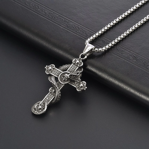 Vintage Gothic Stainless Steel Dragon Cross Skull Pendant Necklace For Men Retro Punk Biker Polished Metal Jewelry Gift