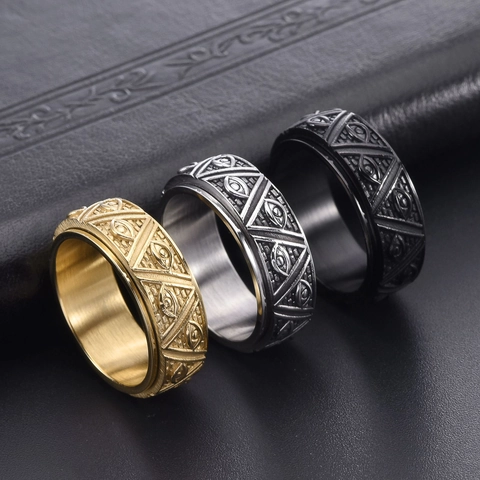 Vintage Titanium Steel Triangle Eye Of Providence Spinner Ring For Men Gothic All Seeing Eye Rotating Anxiety Ring Jewelry