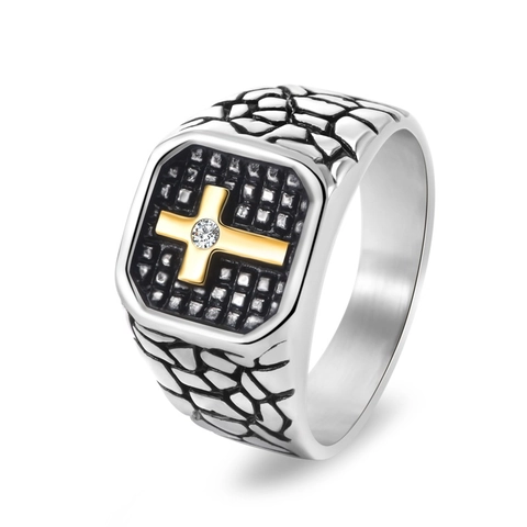 Vintage Stainless Steel Cross Signet Ring For Men Punk Rock Texture Inlaid Rhinestone Square Finger Band Gothic Jewelry