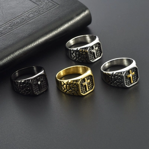 Vintage Stainless Steel Cross Signet Ring For Men Punk Rock Texture Inlaid Rhinestone Square Finger Band Gothic Jewelry