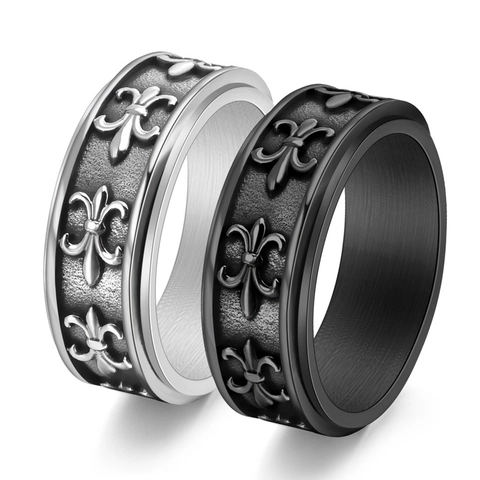 Vintage Stainless Steel Rotatable Spinner Ring For Men Fleur-de-lis Relief Cross Gothic Punk Retro Jewelry Band Ring