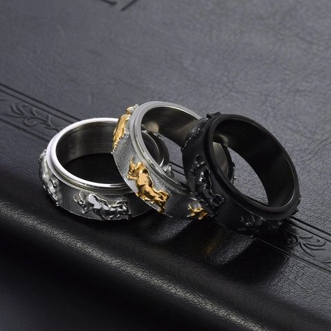 Retro Stainless Steel Rotatable Bull Head Spinner Ring Men Two Tone Black Animal Embossed Zodiac Signet Ring Jewelry