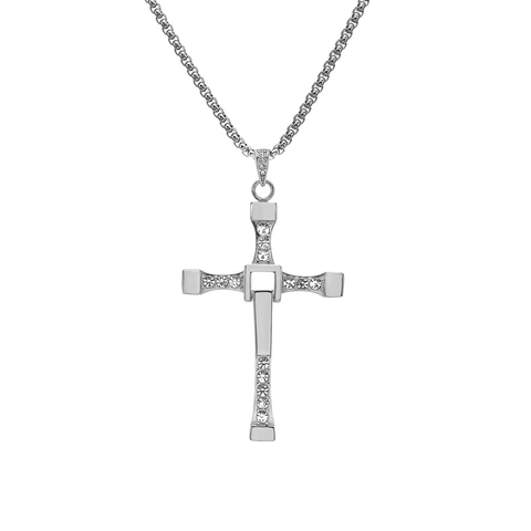 Collar con Colgante de Cruz de Acero de Titanio con Diamantes de Imitación Incrustados Estilo Película Fast Furious Joyería para Hombre