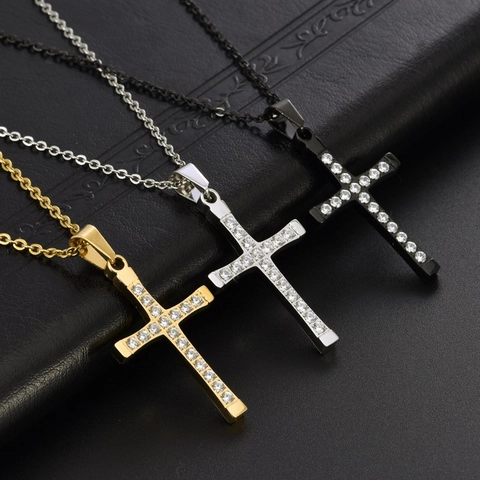 Collar con Colgante de Cruz de Acero Inoxidable con Strass para Mujer Elegante Estilo Preppy Oro Plata Negro Joyería Collar Religioso