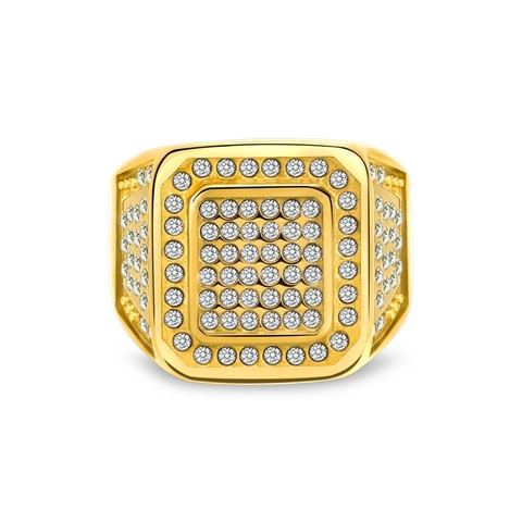 Anello da Uomo Hip Hop in Acciaio al Titanio con Sigillo Quadrato Iced Out Placcato Oro 18K Pieno di Strass Gioielli alla Moda