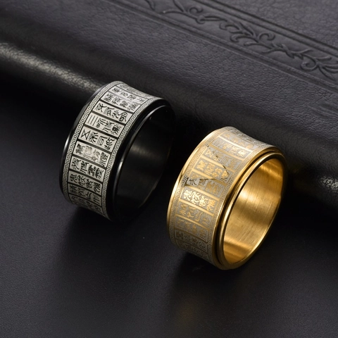 Men's Vintage Titanium Steel Spinner Ring Chinese Seal Script Sutra Engraved Band Ring Stress Relief Fashion Jewelry Gift