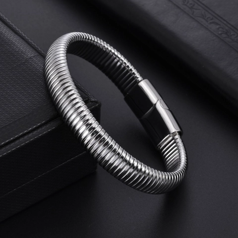 Punk Men's Titanium Steel Elastic Spring Bangle Bracelet Industrial Style Magnetic Clasp Polished Gold Silver Hand Jewelry
