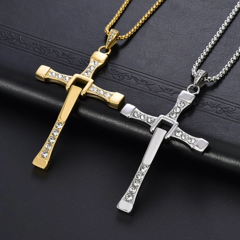 Collar con Colgante de Cruz de Acero de Titanio con Diamantes de Imitación Incrustados Estilo Película Fast Furious Joyería para Hombre