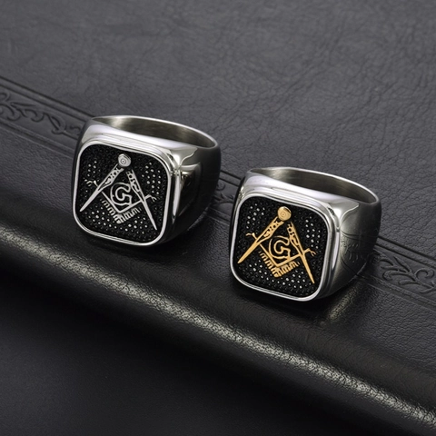 Anello Massonico in Acciaio al Titanio Vintage da Uomo Stile Punk Lucidato Anello con Sigillo Retro Faccia Quadrata Gioielli