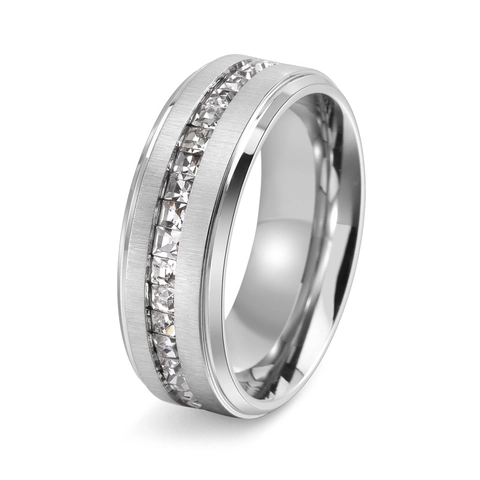 Anello alla Moda in Acciaio Inossidabile con Strass Quadrati Bordo Spazzolato Lucido Fascia per Matrimonio Fidanzamento Unisex