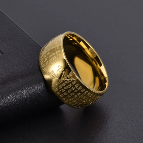 Anello in Acciaio Inossidabile Sutra del Cuore per Uomo Fascia Larga Scrittura Buddista Placcato Oro Argento Religioso Anello da Dito Moda Gioielli