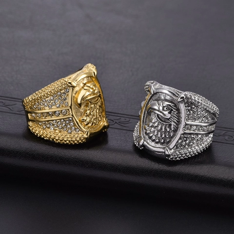 Punk Titanium Steel Eagle Head Ring For Men Hip Hop Biker Jewelry With White Rhinestone Gold Silver Plated Band Ring