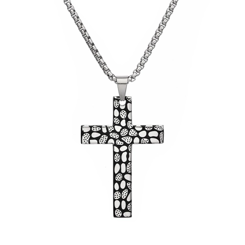 Retro Collana con Pendente a Croce in Acciaio al Titanio da Uomo Street Hip Hop Gioielli Religiosi Texture a Ciottoli Argento Oro Nero