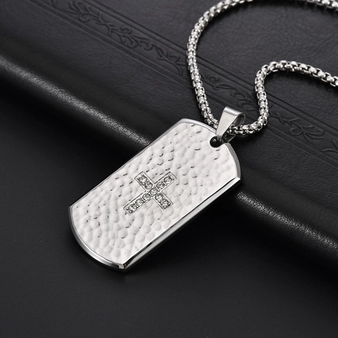 Heren Roestvrij Stalen Gehamerde Militaire Penning Halsketting Met Strass Kruis Hanger Chic Hip Hop Religieuze Sieraden Cadeau