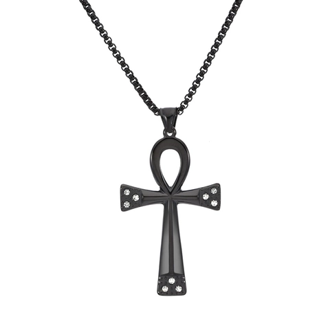 Collier Pendentif Croix Ankh en Acier Inoxydable Hip Hop Strass Symbole de Vie Égyptien Chaîne de Pull pour Homme Bijoux
