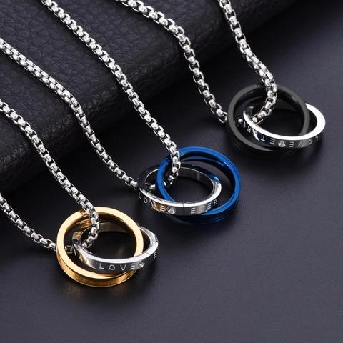 Titanium Steel Double Ring Pendant Necklace Minimalist Love Eternity Engraved Rhinestone Interlocking Box Chain Jewelry Gift