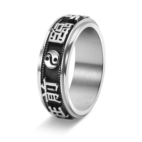 Stainless Steel Vintage Nine Character Mantra Spinner Ring For Men Polished Tai Chi Yin Yang Anxiety Relief Band Ring