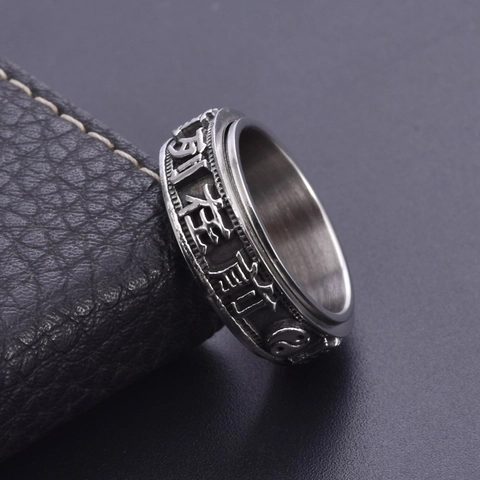 Stainless Steel Vintage Nine Character Mantra Spinner Ring For Men Polished Tai Chi Yin Yang Anxiety Relief Band Ring