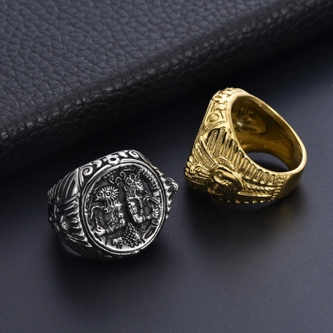 Ancient Egyptian Pharaoh Anubis Stainless Steel Ring For Men Retro Punk Style Hieroglyphic Pattern Embossed Signet Finger Ring Gold Silver