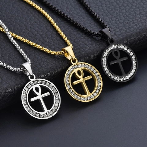 Collana con Ciondolo Rotondo in Acciaio Inossidabile Hip Hop Croce Ankh con Strass per Uomo Donna Oro Argento Nero Gioielli