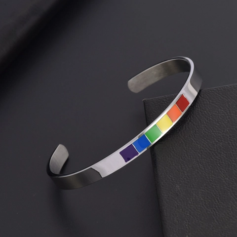 Bracciale Rigido a Forma di C in Acciaio Inossidabile Arcobaleno per Uomo Donna LGBTQ Pride Smalto Galvanizzato Lucidato Regolabile Gioielli di Moda