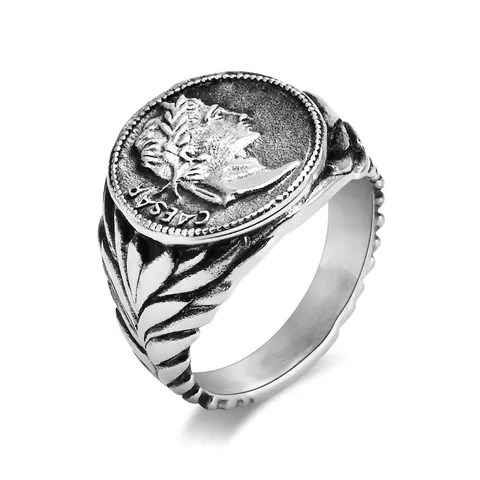 Anello con Sigillo Moneta Impero Romano Cesare Uomo Vintage Acciaio al Titanio Rilievo Ritratto Anello Oro Argento Hip Hop Biker Gioielli