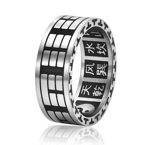 Retro Chinesischer Stil Taiji Bagua Ring Für Herren Titanium-Stahl Yin Yang Fisch Graviertes Band Ring Vintage Taoist Schmuck