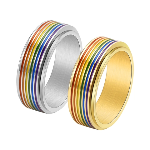 Anello Spinner Arcobaleno in Acciaio Inossidabile per Uomo Donna Strisce Colorate Anello a Fascia Rotante Gioielli Moda Pride LGBTQ