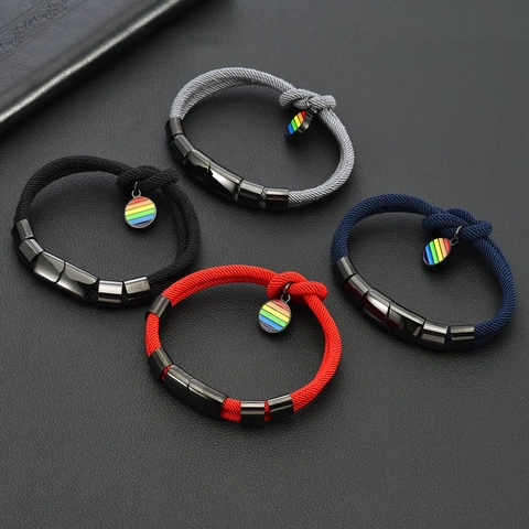 Minimalist Stainless Steel Woven Rope Bracelet For Men Women Rainbow Pride Enamel Charm Magnetic Clasp Double Layer Jewelry