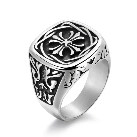 Anello Sigillo Croce Gotica Vintage Acciaio Inossidabile Motivo Floreale Inciso Retrò Gioielli Punk Moda Uomo