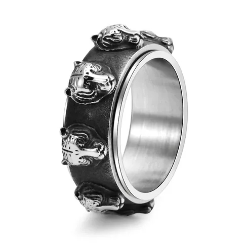 Men's Retro Titanium Steel Tiger Head Spinner Ring Punk Rotatable Stress Relief Wide Band Ring Jewelry Gold Black Silver