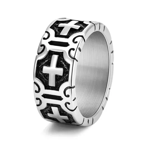 Anello Croce Uomo in Acciaio al Titanio Retro Punk Gotico Distressed Fascia Larga per Uomo Gioielli da Dito Regalo Oro Argento