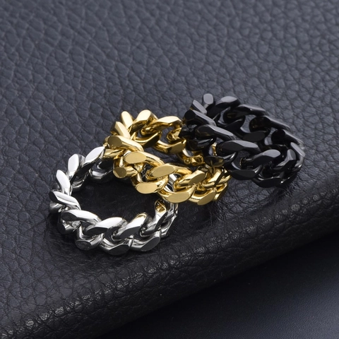 Punk Titanium Steel Cuban Link Chain Ring For Men Hip Hop Fashion Minimalist Electroplated Polished Jewelry Finger Ring Gift