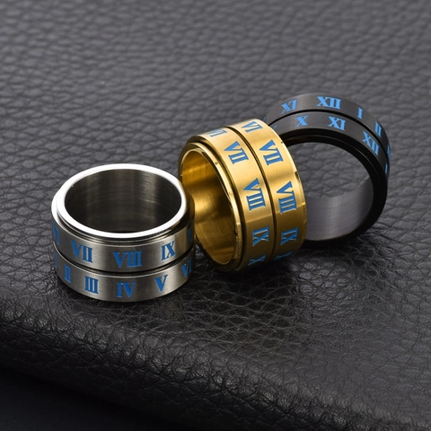 Anello Spinner in Acciaio al Titanio Rotante da Uomo Sollievo dallo Stress Numeri Romani Blu Satinato Gioielli Luminosi