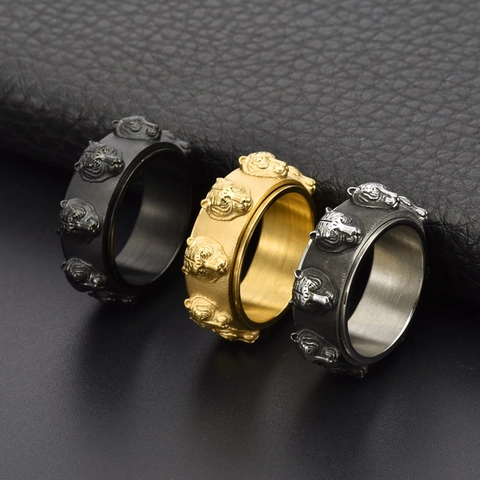 Men's Retro Titanium Steel Tiger Head Spinner Ring Punk Rotatable Stress Relief Wide Band Ring Jewelry Gold Black Silver