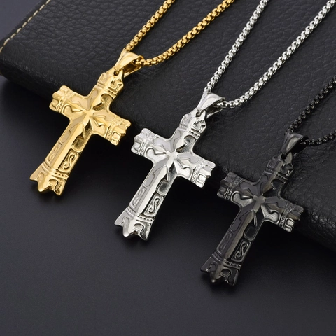 Vintage Titanstahl Kreuz Anhänger Halskette Für Herren Hip Hop Edelstahl Geprägtes Muster Kreuz Schmuck Geschenke Für Party Alltag