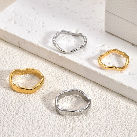 Modern Stainless Steel Irregular Ripple Ring For Men Women Vacuum Gold Plated Wave Liquid Metal Polish Jewelry Finger Ring