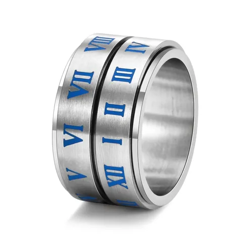 Anello Spinner in Acciaio al Titanio Rotante da Uomo Sollievo dallo Stress Numeri Romani Blu Satinato Gioielli Luminosi