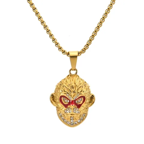 Hip Hop Gold Plated Titanium Steel Monkey King Mask Pendant Necklace For Men Retro Rhinestone Inlaid Commemorative Jewelry