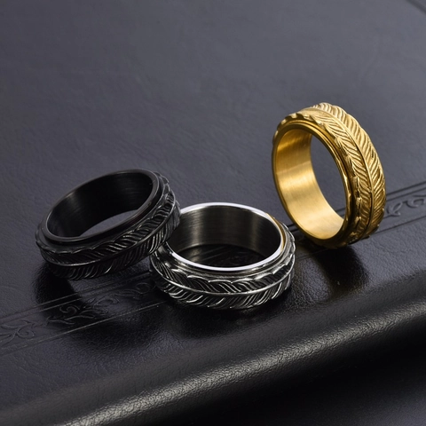 Vintage Stainless Steel Spinner Ring For Men Feather Pattern Rotatable Anxiety Relief Band Ring Gold Silver Black Jewelry Gift