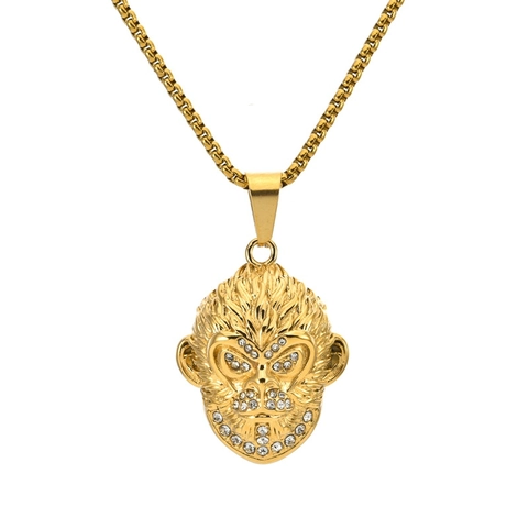 Hip Hop Gold Plated Titanium Steel Monkey King Mask Pendant Necklace For Men Retro Rhinestone Inlaid Commemorative Jewelry