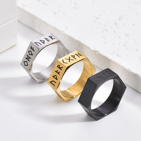 Bague Viking Nordique Rune Hexagonale en Acier Inoxydable pour Hommes Femmes Finition Brossée Vintage Rune Band Bijoux Gothiques Punk