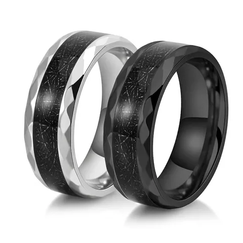 Anello in Acciaio al Titanio Sfaccettato Con Bordo a Rombo Intarsiato Nero per Uomo Unisex Band Geometrica Lucida Gioielli