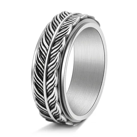 Vintage Stainless Steel Spinner Ring For Men Feather Pattern Rotatable Anxiety Relief Band Ring Gold Silver Black Jewelry Gift