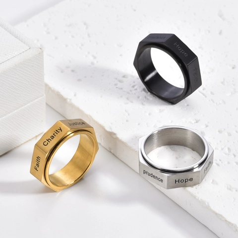 Bague Tournante en Acier Titane Hexagonale des Sept Vertus pour Homme Faith Hope Charity Gravé Fidget Ring