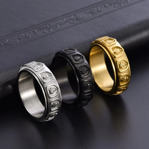 Chinese Stijl Draaibare Achttien Arhats Titaniumstaal Ring Voor Heren Gepersonaliseerde Reliëf Spinner Band Boeddhistische Religieuze Ring