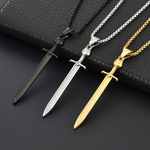 Collana con Pendente a Spada con Teschio Gotico da Uomo in Acciaio Inossidabile Punk Lama Croce con Catena Box Gioielli Vintage
