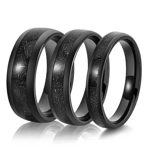 Minimalist Tungsten Steel Black Band Ring For Men Women Meteorite Texture Inlay Comfort Fit Wedding Jewelry Gift