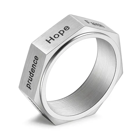 Bague Tournante en Acier Titane Hexagonale des Sept Vertus pour Homme Faith Hope Charity Gravé Fidget Ring