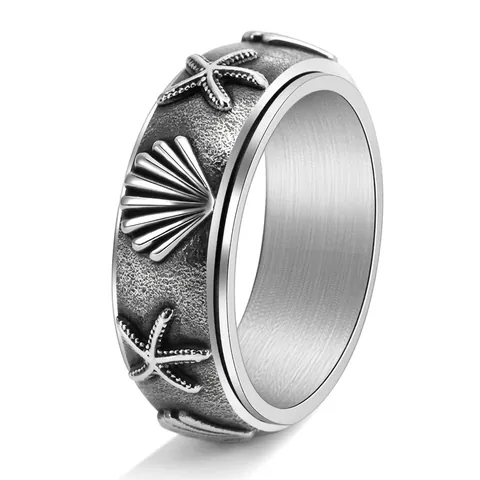 Vintage Edelstahl Spinner Ring Für Herren Damen Ozean Seestern Muschel Geprägt Retro Drehbar Stressabbau Schmuck Band